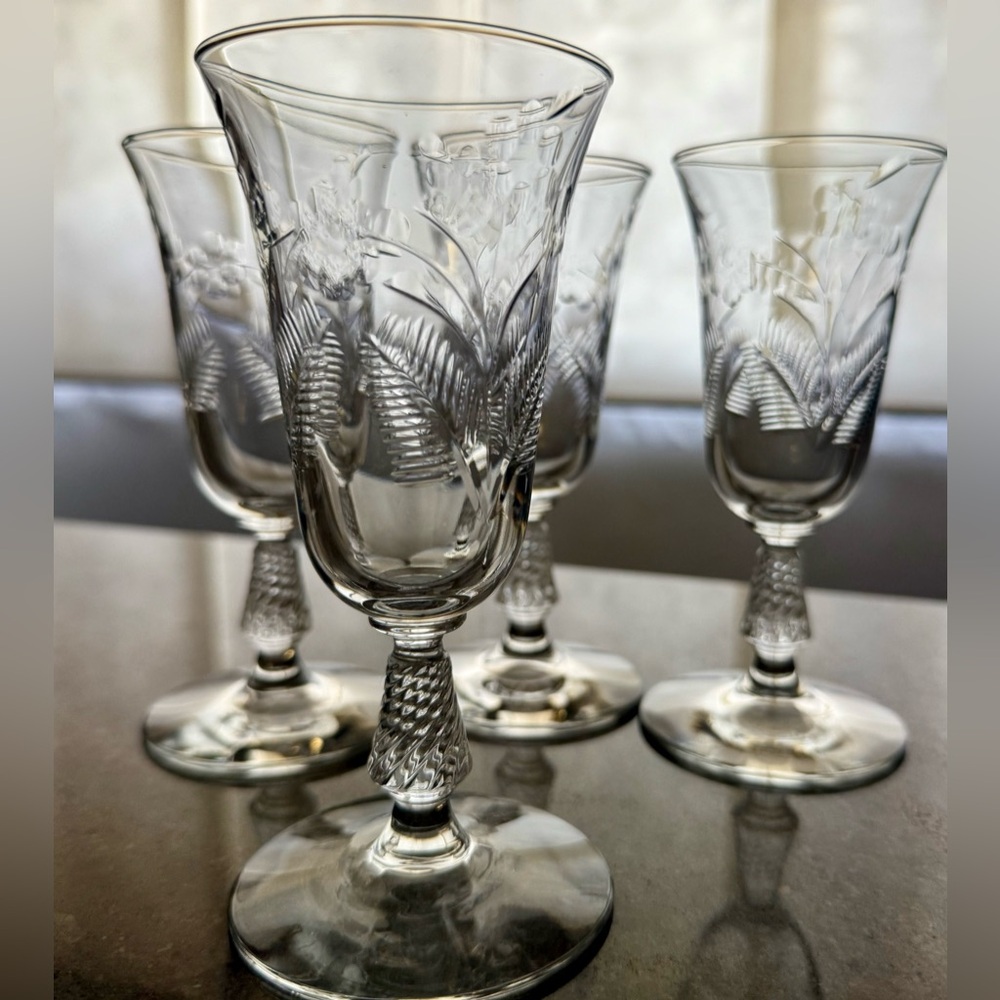 4 Rock Sharpe, etched, Cut Crystal, “Fernleigh” 6" Wine / cordial glasses.